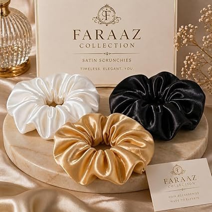 Satin Scrunchies, White, Black and Gold, Set of 3, Elegant Hair Accessories