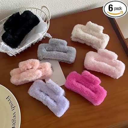 6 Pcs Rectangle Faux Fur Claw Clip | Large Fuzzy Winter Hair Clutcher for Women & Girls | Fluffy Hair Clip for Thick & Thin Hair
