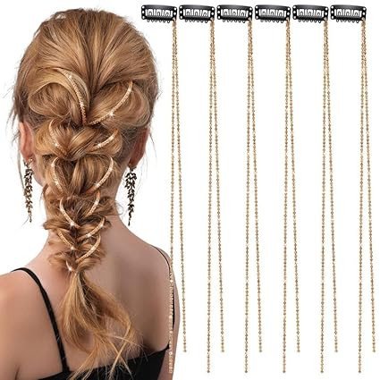 6 pcs Rhinestone Chains Accessories, Hair Extensions Pearl Hair Clip Pins Hair Gems Rhinestones for Braids for Women(Gold)