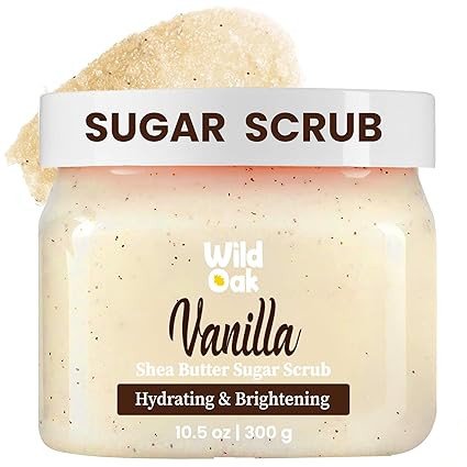 WildOak Vanilla Sugar Body Scrub | 300gm | Exfoliating, Moisturising & Brightening | Tan Removal & Strawberry Skin | With Shea Butter, Alpha Arbutin, Kojic & Hyaluronic Acid | Body Polish Scrub