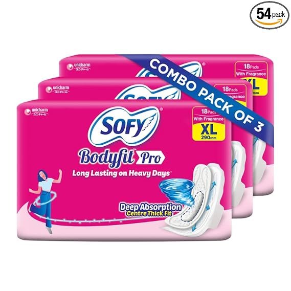 Sofy Bodyfit Pro Sanitary Pads (XL Size - 290 mm) 54 pads - Deep Absorption & fragrance, Centre Thick Fit, Soft on skin with comfy dry top sheet, with disposable wrap, (3 * 18 Pads),Pack Of 3