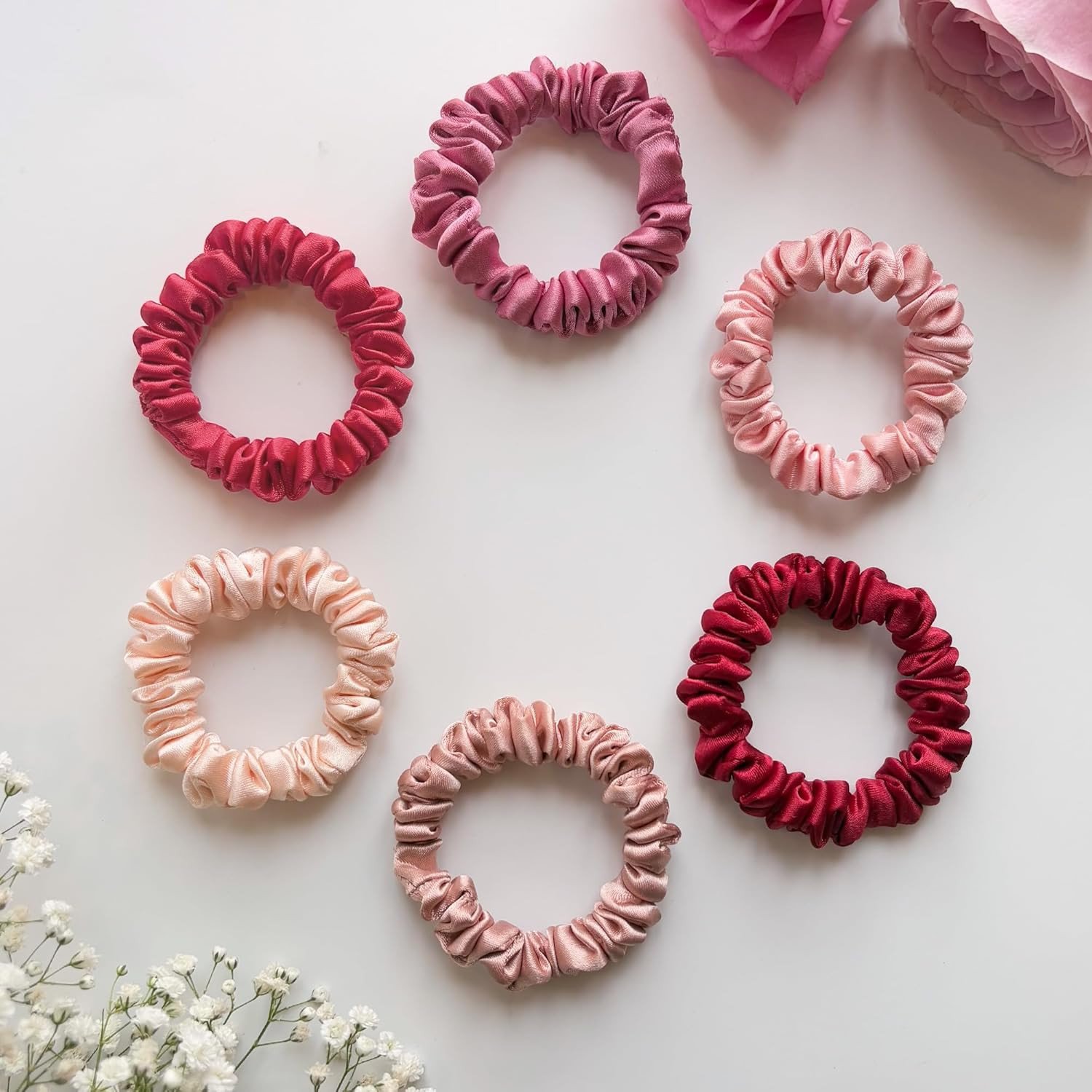Luxury Satin Skinny Scrunchies For Women/Girls - Same 6 Colors As Pic, ????-????-????????, Hair Ties, Slim Scrunchies Set For Girls (Skinny Rose Collection)