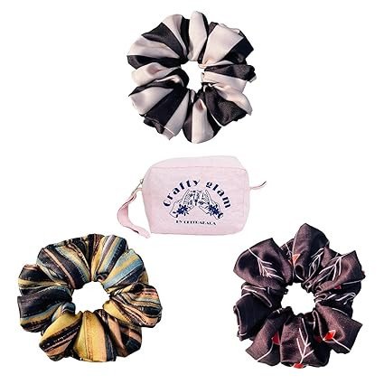 Printed Satin Scrunchies for Women Pack of 3 with Pouch Combo, Hair Rubber Bands Stylish, Premium Hair Accessories Set, Smooth Hair Ties, Colourful Scrunchy for Gifting