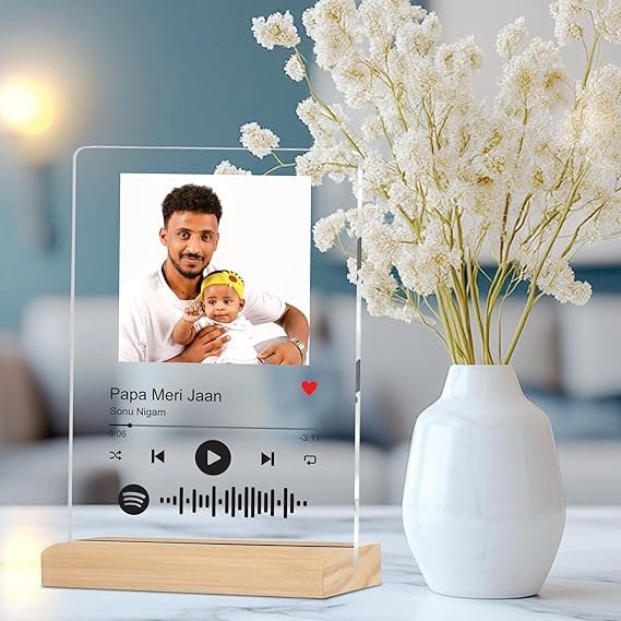 Giftplease Customised Photo and song Spotify Acrylic Frame With Wooden Stand | Personalised Printed Plaque with scannable code | Gift | Birthday | Anniversary (Transparent, 6 * 9 Inches)