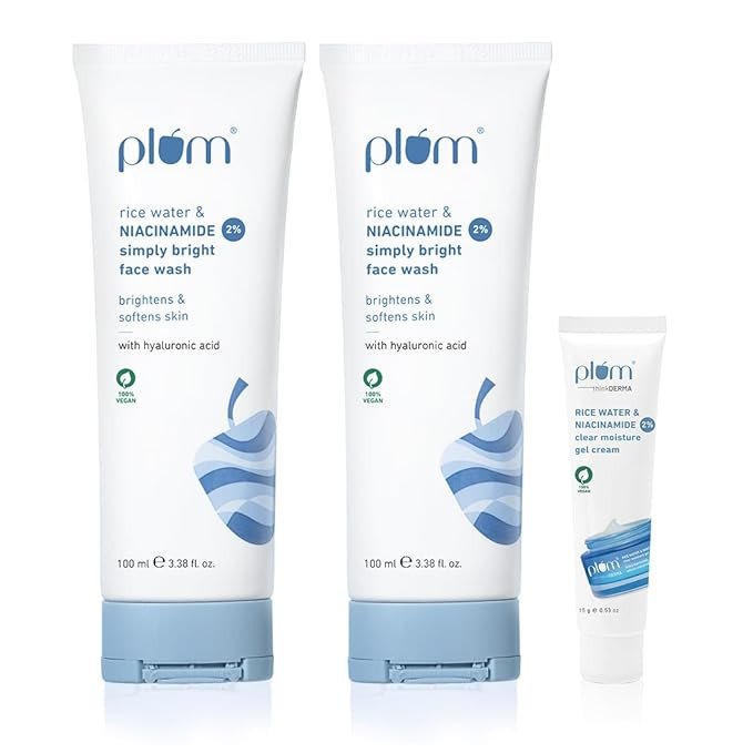 Plum 2% Niacinamide Face Wash with Rice Water - 100ml (Pack of 2) + Free Niacinamide Gel | Brightens Skin, Fades Acne Marks, Softens & Smoothens Skin | Gentle, Non-Drying, 100% Vegan|Men & Women