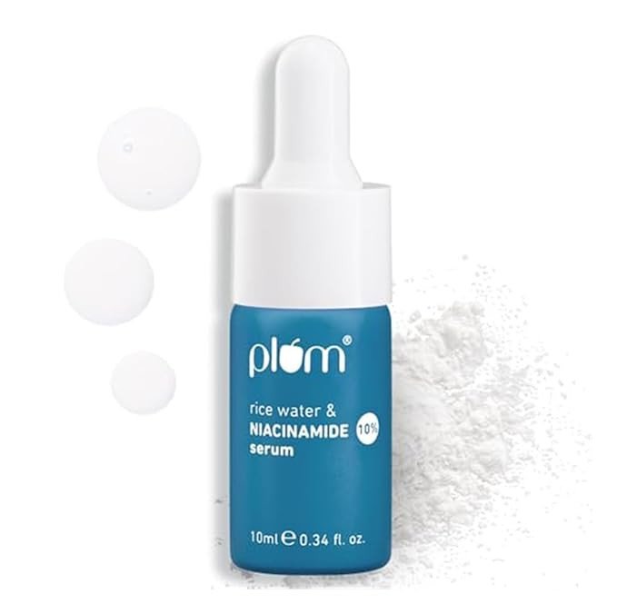 Plum 10% Niacinamide Serum with Rice Water | Provides Clear, Glowing & Brightening Skin | for Acne Prone, Combination, Oily & Sensitive Skin | Oil Control & Anti Acne Face Serum for Women & Men | 10ml
