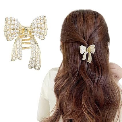 Small Pearl Bow Hair Accessories for Women Wedding,Bow Hair Clips for Women,Golden Alloy Half Updo Charm Fashion Meta Clips Girls
